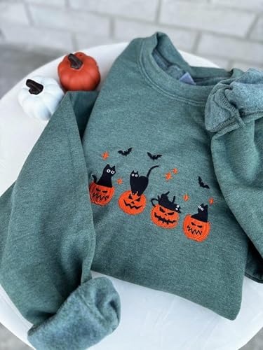 EMBROIDERED Black Cat Sweatshirt – Halloween Pumpkin & Ghost Cat Crewneck – Spooky Fall Sweatshirt for Women & Men – Cat Lover Gift – Cozy Autumn Pullover3