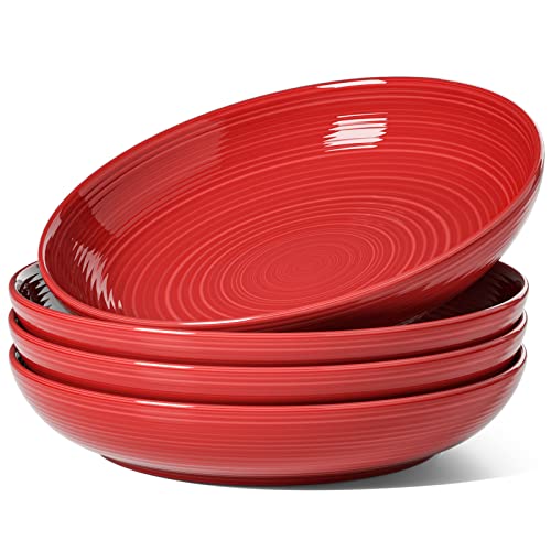 LE TAUCI Lot de 4 bols à pâtes et bols de service, grands bols à salade, bol à soupe, assiettes à pâtes en céramique de 22,9 cm, rouge Cover