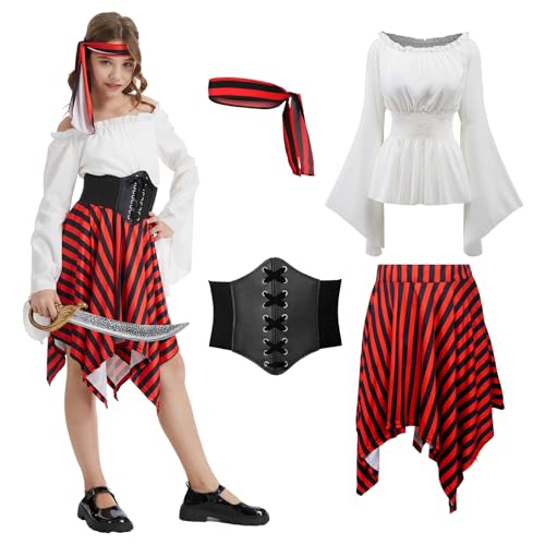 AJGEGJE 3Pcs Piratenkostüm mit Oberteile Piratenrock & Piratentuch Piraten-Kostüm für Halloween Karneval Cosplay (Weiß 120(5-6))