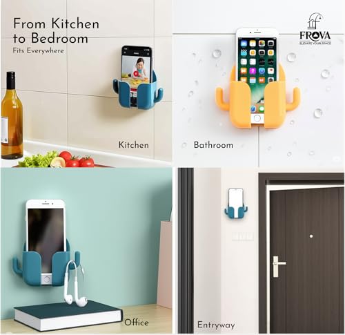 Image of FROVA Mobile Holder for Home - Self-Adhesive Mobile Stand for Wall with Dual Hooks, Multipurpose Remote Holder Wall Mount for Phone, AC Remote & Earphones - Durable ABS Build, Pack of 4 (Random Color)
