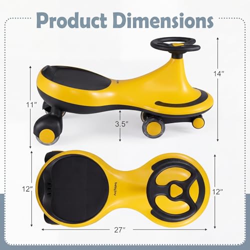Image of HONEY JOY Wiggle Car, 2 in 1 Swing Car for Kids, LED PU Flashing Wheels, No Batteries, Gears or Pedals, Uses Twist, Turn, Ride On Toy for Toddlers Boys Girls(Yellow)