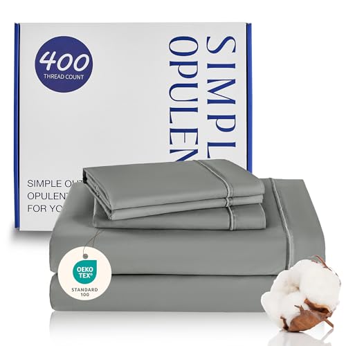 Simple&Opulence 100% Egyptian Cotton Duvet Cover Set 400 Thread Count Embroidery Design Long Staple Pure Soft Sateen Weave Bedding Set - Grey, King Size