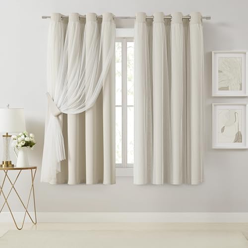 Image of Bujasso Beige 80% Blackout Curtains with Sheer Overlay Mix and Match Double Layer Thermal Insulated Window Panels 63 inch for Living Room Bedroom Beige Drapes with Tiebacks Grommet Top 54 inch Wx63 Lx2