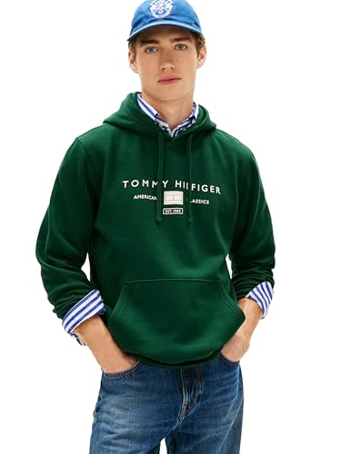 Image of Tommy Hilfiger Men's Medium Weight Cotton Hoodie Sweatshirt With Printed Stacked Chest Graphic