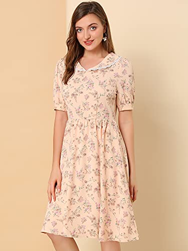 Image of Allegra K Women's Vintage Peter Pan Collar High Waist Flowy Midi Puff Sleeve Floral Dress