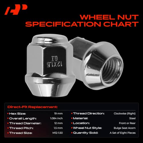 Image of A-Premium M12-1.50 Wheel Lug Nuts Compatible with Chevrolet & Suzuki | for Chevrolet Aveo 2006-2010 Aveo5 2007-2010 Suzuki Forenza Swift+ Pontiac G3 Front or Rear 8-PC Set