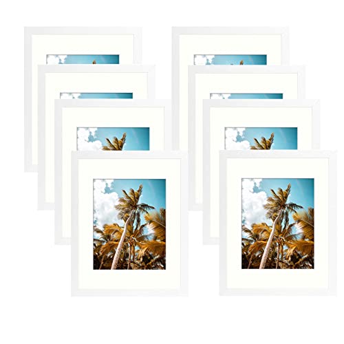 Image of Frametory, 11x14 Picture Frame with Mat for 8x10 Photo - High Definition Glass Wide Molding - Preinstalled Wall Mounting Hardware (White, 8 Pack)
