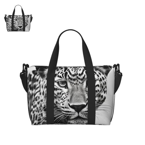 Black White Leopard Animal Duffle Bag for Men Women Gym Bag with Shoes Compartment Travel Bags Lightweight Overnight Bags