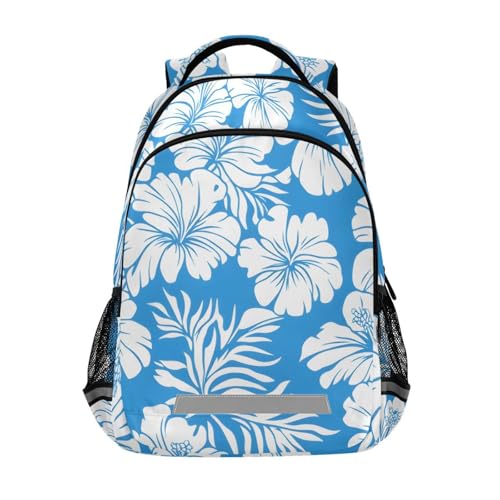 senya Travel Backpack Carry On Bookbags Blue-white Hawaiian Flowers Bagpack with Reflective Strip and Mesh Side Pockets