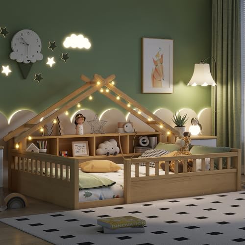 Wooden Montessori Floor Bed with Storage and Roof