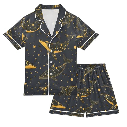 senya Golden Line Whale Satin Summer Pajama Sets Silk Short Sleeve Button Down Sleepwear