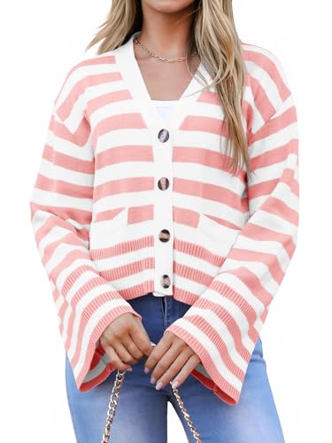 Image of Saodimallsu Womens Striped Cardigan Sweaters Cropped Fall Button Open Front Long Sleeve Knit Sweater Coat with Pockets