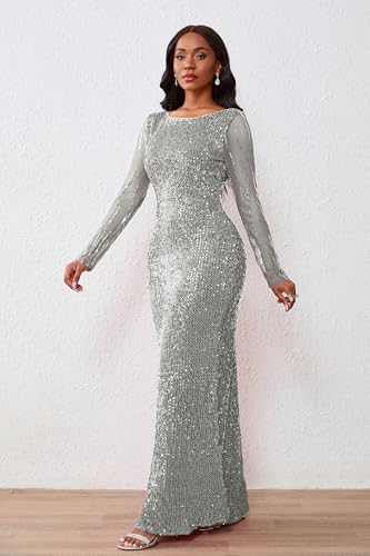 Image of VERWIN Women's Sequins Bodycon Round Neck Long Sleeve Sparkly Mermaid Maxi Dress for Casual Party Cocktail