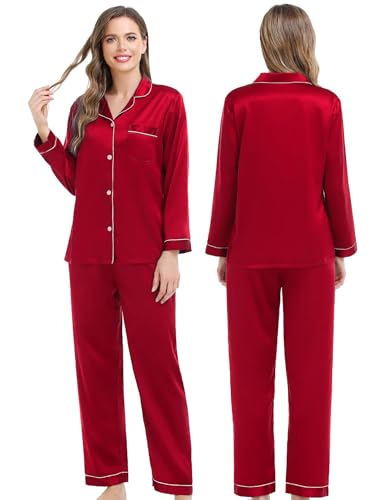 SWOMOG Couples Matching Silk Satin Pajamas Set Long Sleeve Sleepwear Soft Button Down Loungewear 2 Pcs Pj Set (Men Red Small)2