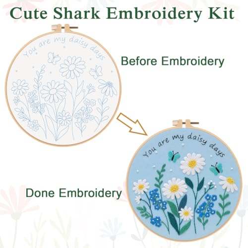 Image of Louise Maelys Daisy Quote Embroidery Kit for Beginners, Blue Floral Craft