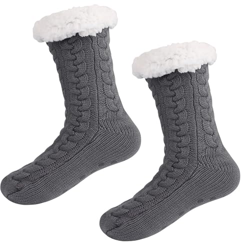 Women Slipper Fuzzy Socks, MH MOIHSING Winter Ladies Cozy Fluffy Cabin Warm Fleece Soft Comfy Thick Non Slip Home Socks Sherpa Lined Slipper Socks, Grey
