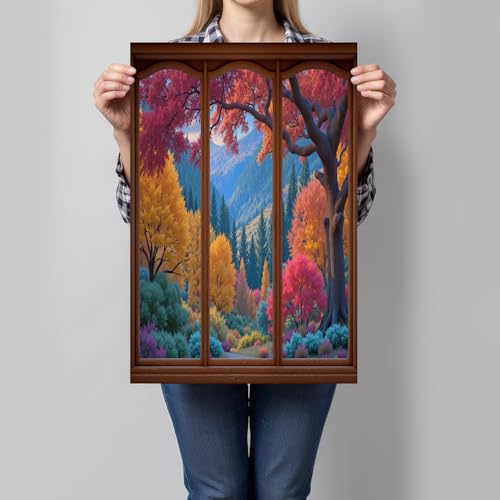 Cuadro sobre paisaje de otoño de 60x80 cm que ilumina estancias con su diseño de ventana vertical