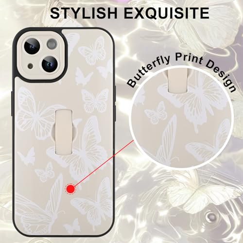 Image of for iPhone 15 Case with Finger Strap Holder, Cute Cool Butterfly Print Pattern Design for Women Men, Shockproof Anti Scratch Hand Kickstand Protective Cover, White