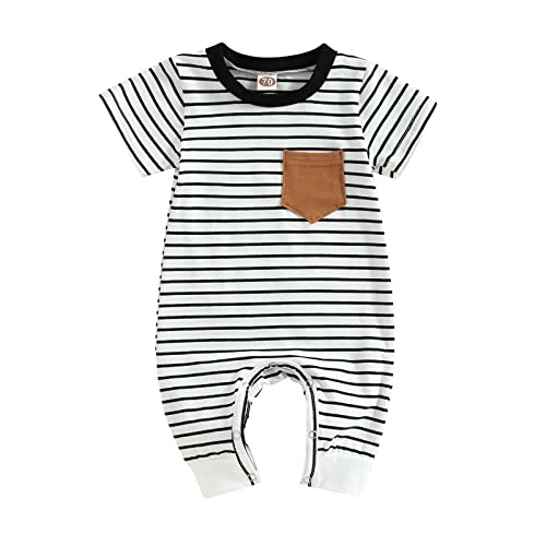 Newborn Baby Boy Romper Short Sleeve Striped Pocket Onesie Jumpsuit Playsuit Cute Summer Outfit Clothes (White Striped,12-18 Months) #TOP21