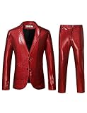 ZEROYAA Men's 70s Disco Suits Metallic Shiny Sequin Outfits Blazer and Pants Set Dance Party Costume Red Medium