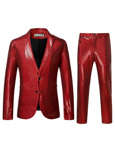 ZEROYAA Men's 70s Disco Suits Metallic Shiny Sequin Outfits Blazer