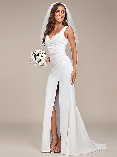 Ever-Pretty Women’s V Neck Sleeveless Bridal Wedding Dress with Slit Floor Length Mermaid Gown for Bride White 0121B3