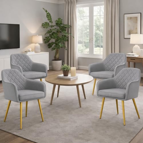 Image of Barfi Velvet Dining Chair | Set of 2 Premium Accent Chair with Armrest, Padded Seat and Metal Legs | Comfy Chair for Home, Office & Restaurents | (Light Grey Set of 4)