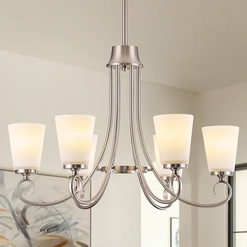 Image of Brushed Nickel Farmhouse Chandelier Rustic Dinner Room Chandelier with Frosted Milky White Glass Lampshade Silver Durable Metal Ceiling Hanging Light Fixture for Kitchen Island Living Room Over Table