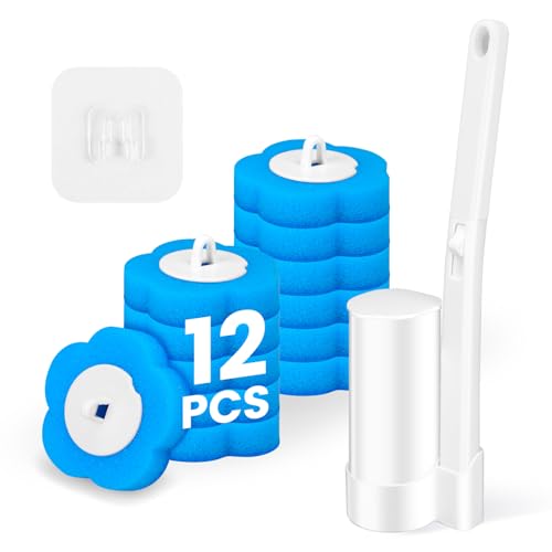 Disposable Toilet Brush and Holder Set, Toilet Wand Refills, Extended Handle with 12 Cleaner Refills...