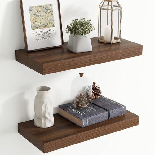 Image of 20 Inch Floating Shelves for Wall, 8 Inch Deep Floating Shelf for Storage & Display, Rustic Wall Mounted Shelf with Invisible Brackets for Living Room, Kitchen, Bathroom, Home Decor, Set of 2, Walnut