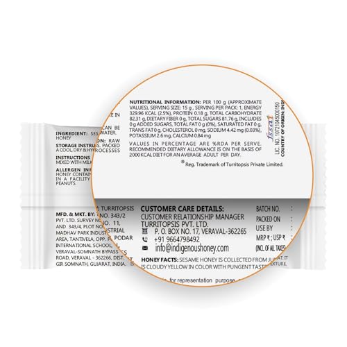 Image of INDIGENOUS HONEY Unprocessed Sesame Honey Natural Raw Organic Pure Added Sugar Free NMR Tested Unpasteurized Unheated 15 Hygienic Sachets 15g Each Total 225g