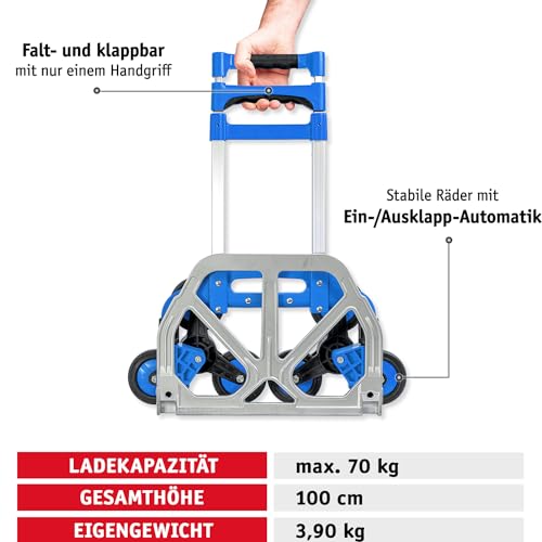 Lefeld Sackkarre Treppensteiger Treppen Transportkarre Stapelkarre | bis 70 Kg | Sackkarre klappbar | Sternradsystem Sternräder | Mit Spanngummi | Aluminium | Große Ladefläche | Variable Griffhöhe – Bild 8