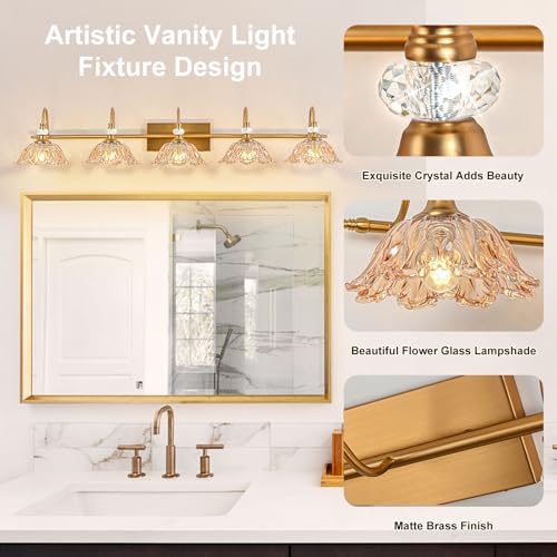 Image of Vintage Bathroom Vanity Light, 5-Light Matte Brass Finish Vanity Light with Floral Amber Glass Shades, Retro Wall Mount Lighting for Bathroom, Living Room