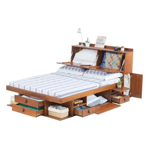 Set Bali Caramel: lit Fonctionnel 160x200 + tête de lit Fonctionnelle 170 + sommier à Lattes. Meuble en pin Massif avec Beaucoup d'espace de Rangement et...
