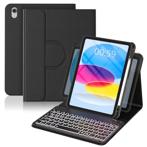 YBING iPad A16用ケース キーボード付き 第11世代&第10世代用 360度回転磁気カバー 7色ワイヤレスバックライト付き取り外し可能なキーパッド ペンシルホルダー付き iPad 第11世代 2025/10世代 10.9インチ 2022年用 (ブラック)（Amazon）