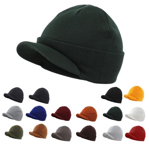 Image of Magracy Unisex Men's Warm Visor Beanie Outdoor Double Knit Hat with Peak Winter Hat Bottle Green