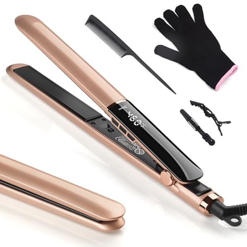 Hair Straightener Professional Ceramic Plates for Sleek, Smooth & Soft, Dual Voltage Digital Display 150°C–230°C Flat Iron and Curler 2 in 1 for All Hair Types (Gold)