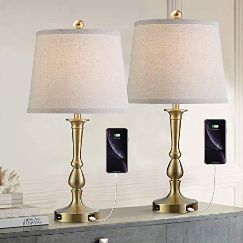 Limited Stock Modern Table Lamp Set of 2, USB Table Lamps with Beige Drum Shade, 22” Metal Bedside Nightstand Lamps for Bedroom, Living Room, Brass Finish Limited Stock Modern Table Lamp Set of 2, USB Table Lamps with Beige Drum Shade, 22” Metal Bedside Nightstand Lamps for Bedroom, Living Room, Brass Finish
