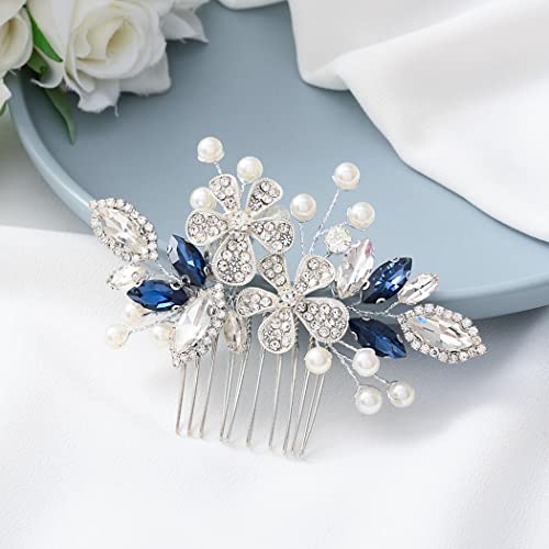 Catery Flower Bride Wedding Hair Comb Blue Crystal Side Combs Pearl Rhinestone Bridal Hair Piece Headpiece Wedding Hair Accessories For Women And Girls  #TOP5