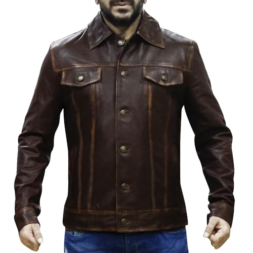 Image of Men's Genuine Leather Trucker Jacket Vintage Motorcycle Black Western Biker Slim Fit Trucker Jacket