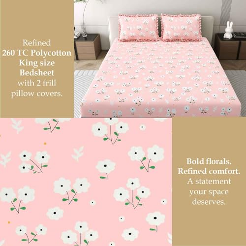 Image of Dream Weaverz- Polycotton Printed Double Bed Size Fitted Elastic Bedsheet,2 Pillow Cover,260 Thread (72 inch x 78 inchx7 inch) Home, Bedroom (Salmon Pink, King)