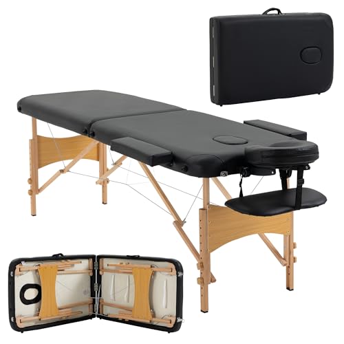 HOMCOM Massagetisch, klappbare Massageliege, höhenverstellbarer Massagebank, Massagebett mit Kopfstütze, für Spa, Salon, Kunstleder, Holz, Schwarz