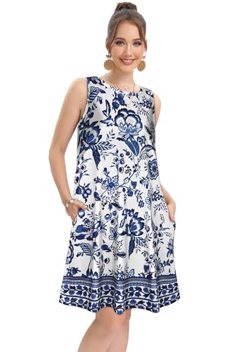Image of elescat Women's Summer Dresses 2026 Beach Casual Sleeveless Floral Print Tank Loose Sundress with Pocket