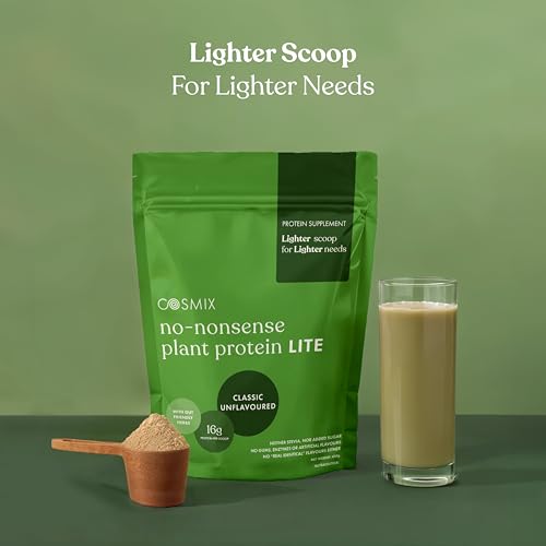 Image of Cosmix No-Nonsense Plant Protein LITE For Beginners | 18g Protein /Serve, 450g Pouch | Unflavoured | Plant Based Protein, Pea & Rice Isolate | Clean, Easy to Digest | All Essential Amino Acids
