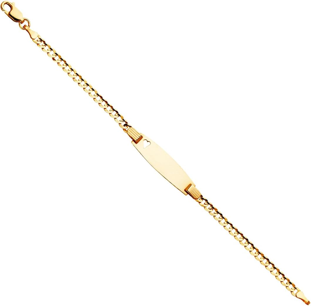 JewelryWeb 14k Yellow Gold 3mm Comfort Curb Small Oval ID With Love Heart Bracelet Identification Bracelet for Women