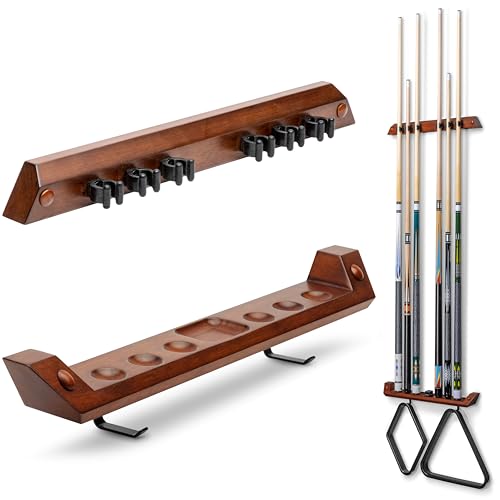 GoSports Support mural pour queue de billard - Peut contenir 6 queues de billard et 2 supports triangulaires - Marron