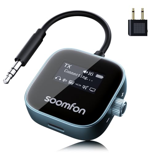 SOOMFON Airplane Bluetooth Adapter for Headphones 2-in-1 Bluetooth 5.3 Transmitter Receiver for TV with LCD Display 3.5mm AUX for Plane Gym Car Home Stereo System