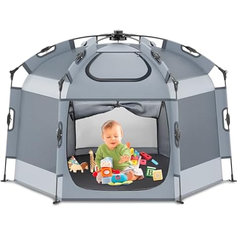 Babepai Pop up Playpen for Babies- 55.1”Wide × 36.6” Height Portable Baby Beach Tent - Outdoor Baby Playpen - Indoor & Outdoor Play Yard, Foldable, Lightweight & with Travel Bag - Gray Cover