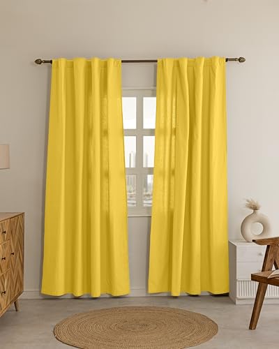 Image of THE LINEN COMPANY Solid Curtains 6.5 Feet Long, Cotton Duck Canvas Curtains, 6.5ft Set of 2, Lemon