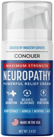 Conquer Products Neuropathy Cream – 3.4oz Cream – Maximum Strength Nerve Relief Cream for Feet, Hands, Legs, Toes – Includes Natural Ingredients Arnica, Aloe Vera, Hemp Extract